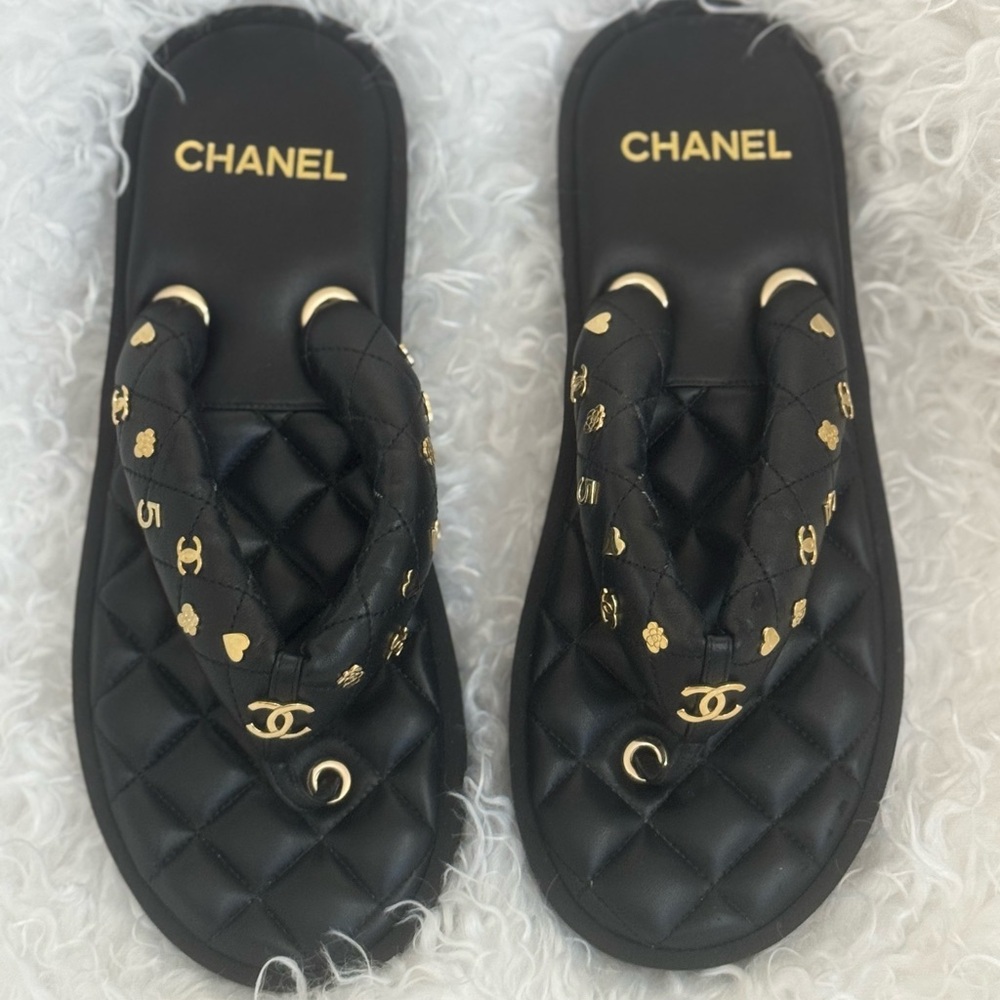 Chanel Black Quilted Sandals with Gold Accents